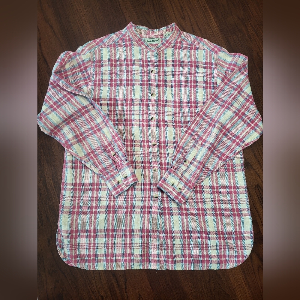 L.L. Bean Women's Linen Cotton Pink Plaid Lightweight Buttondown Shirt Medium